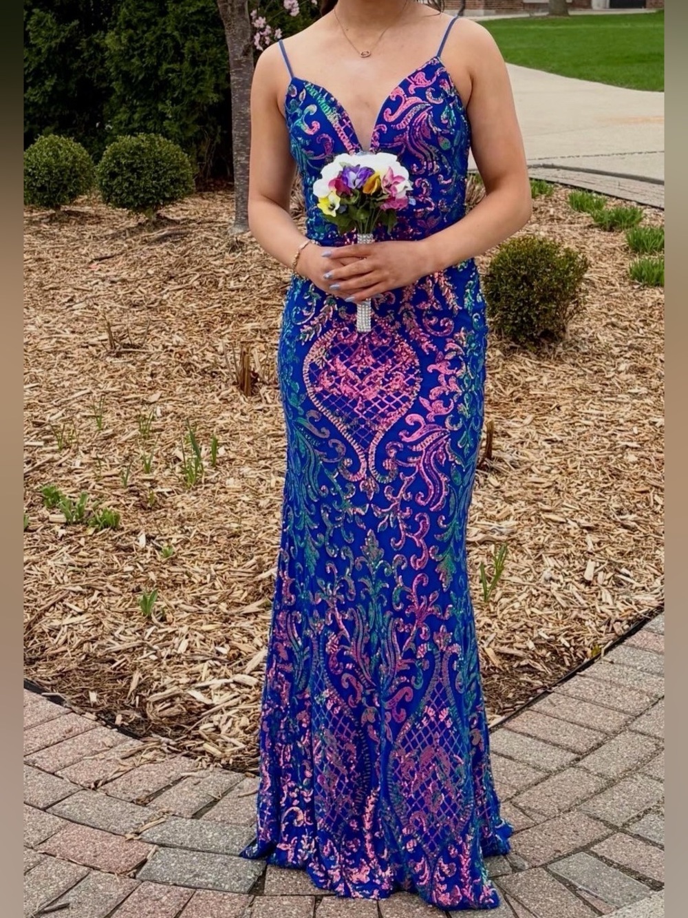 Blue & Sequin V-Neck Spaghetti Strap Prom Dress